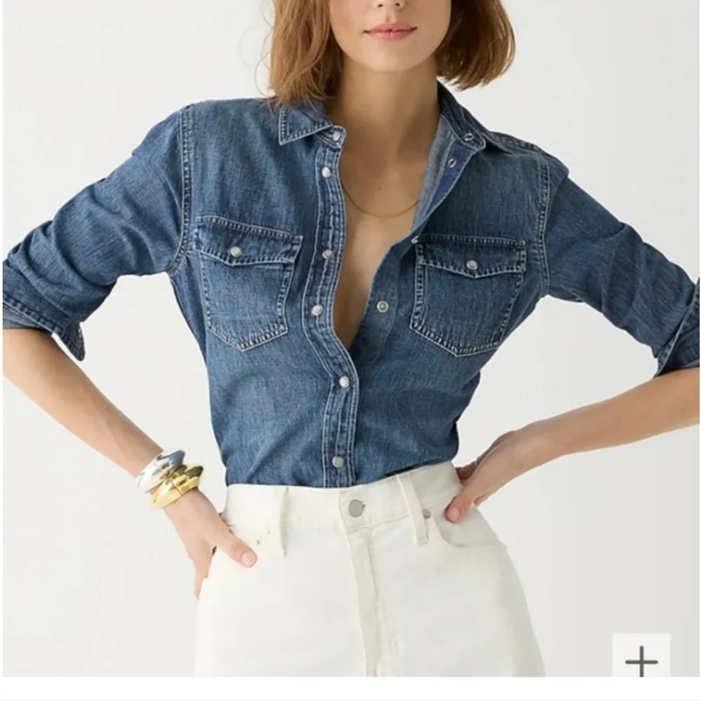 J.Crew Tall Western Pearl Snap Chambray Shirt in Vintage Indigo Item G2533 - Picture 1 of 9